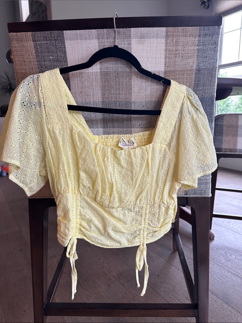 Love Riche Pale Yellow Eyelet Square-Neck Crop Top